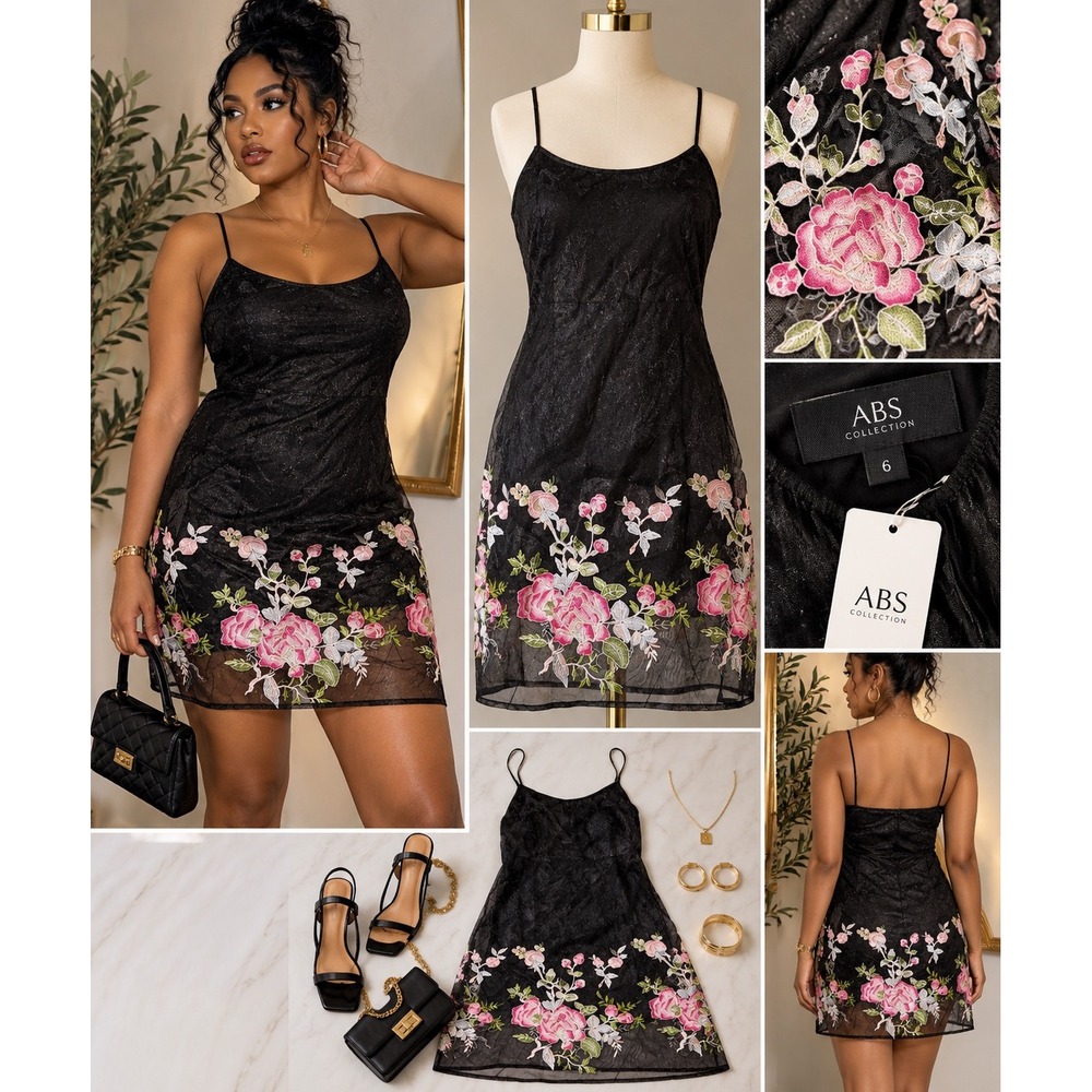 A.B.S. Black Floral Embroidered Sheer Mesh Slip Dress Pink Roses Y2K